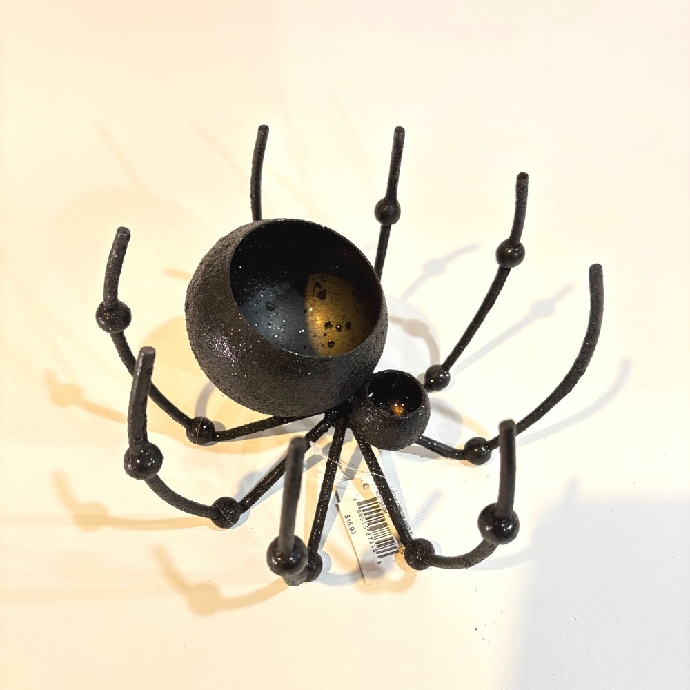 Little Green Apple Black Glitter Spider Candle Holder Halloween Decor New